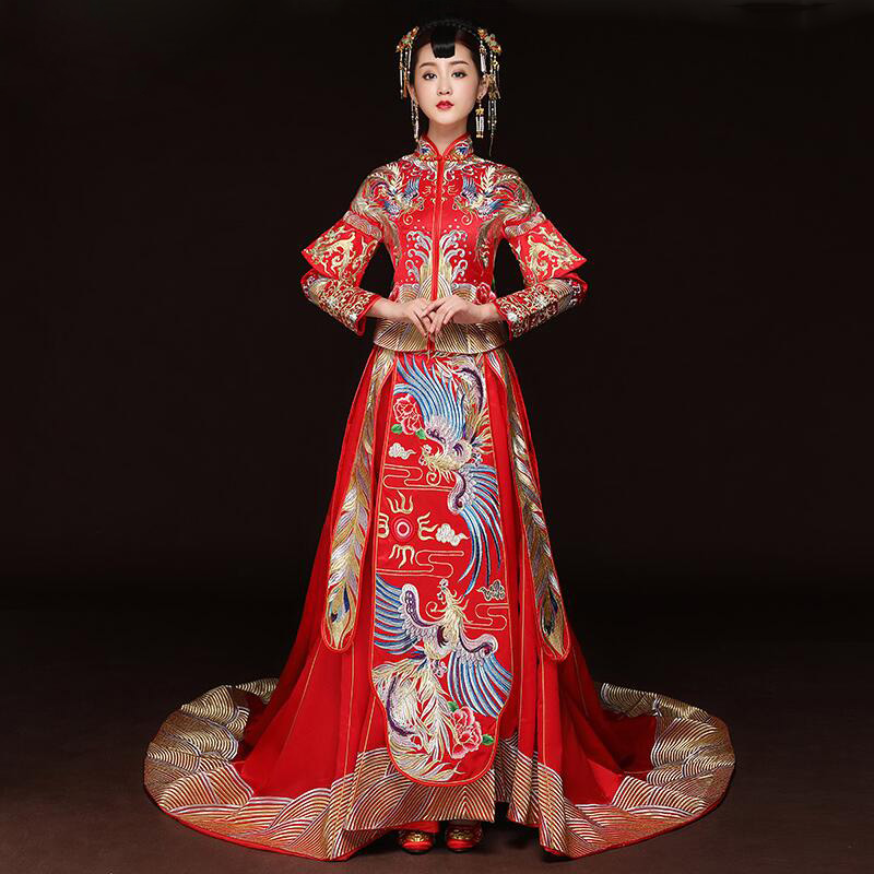 Vintage Red Bride Marry Dress Ancient vestido embroidered phoenix royal costume Traditional Chinese Women Wedding Cheongsam ethnic clothing