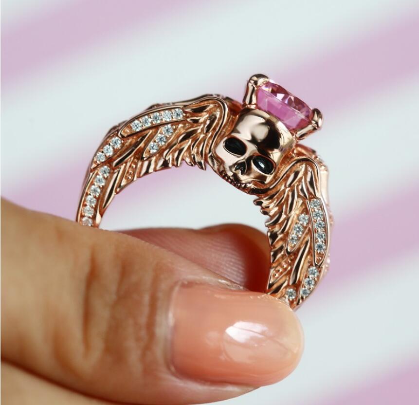 Punk Jewelry Ring: Rose Gold Filled Pink Sapphire CZ Skull Band for Women