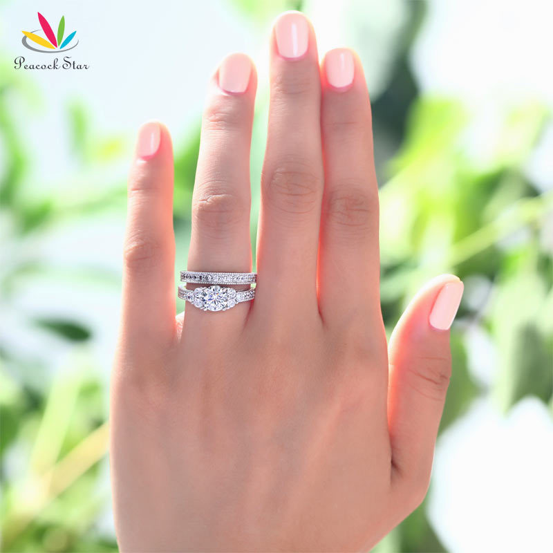 Peacock Star Vintage Style 1 Ct Sterling 925 Silver 2-Pc Wedding Anniversary Engagement Ring Set Jewelry CFR8102 D18111306