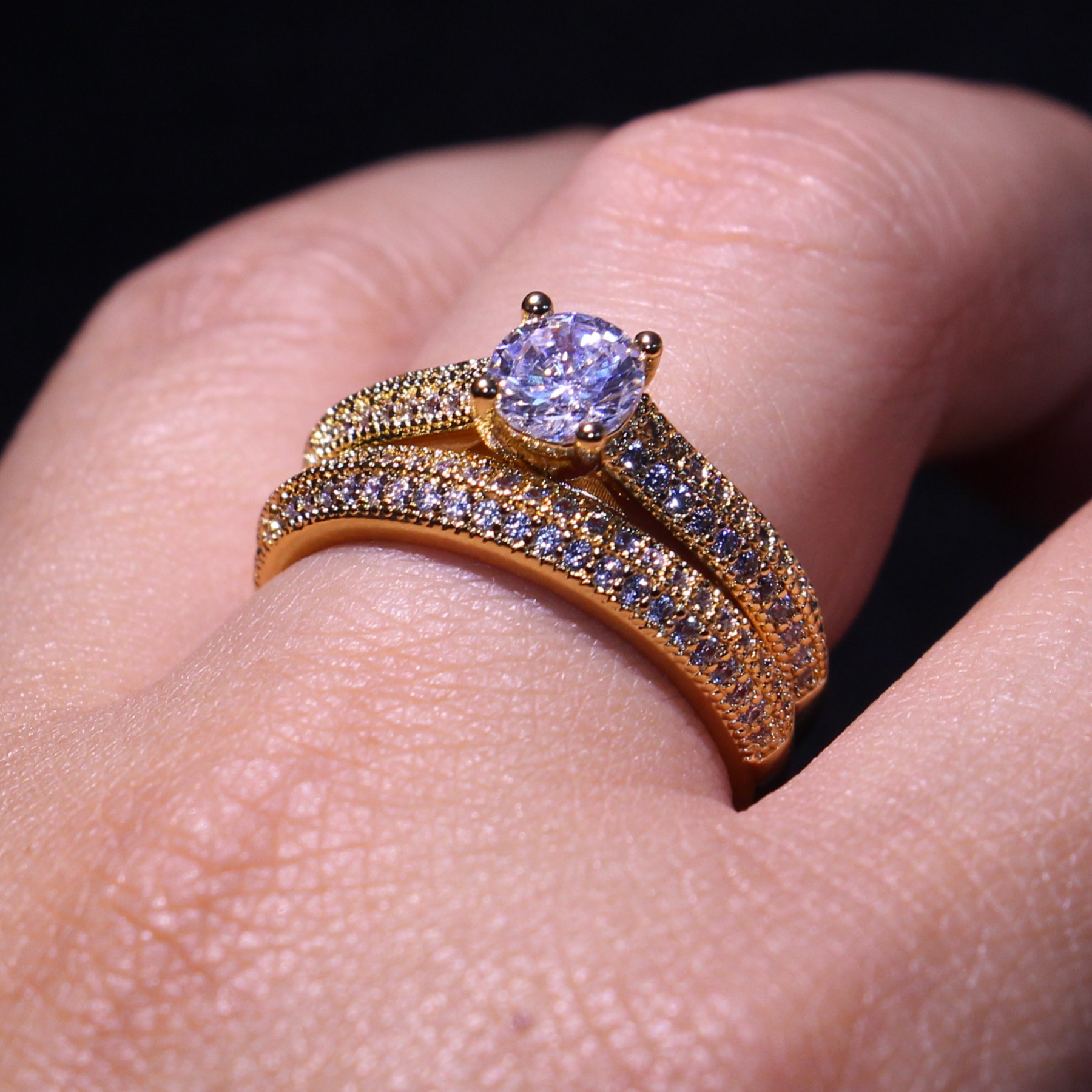 Wholesale Porfessional Handmade Jewelry Sterg Sier&Gold Filled 5A Cubic Zirconia CZ Dia Office Bridal Ring Set Gift