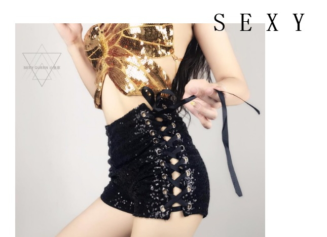 Womens party club DS dancing performance high waist lacing bandage hollow out paillette shinny sequined shorts plus size SMLXL