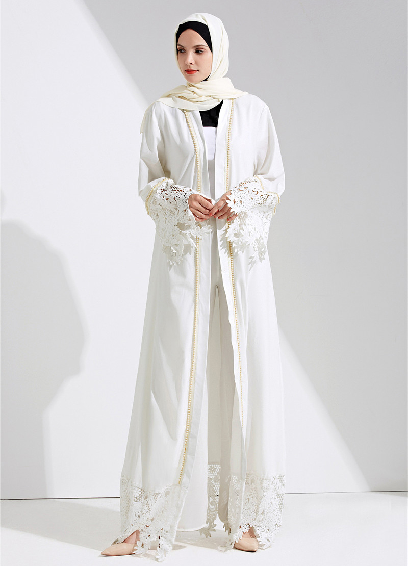 Dubai Caftan Abaya Kaftan Turkey Women Muslim Lace Pearl Dress Fashion White Robe Turkish Female Musulmane Cardigan Long dresses With Belt