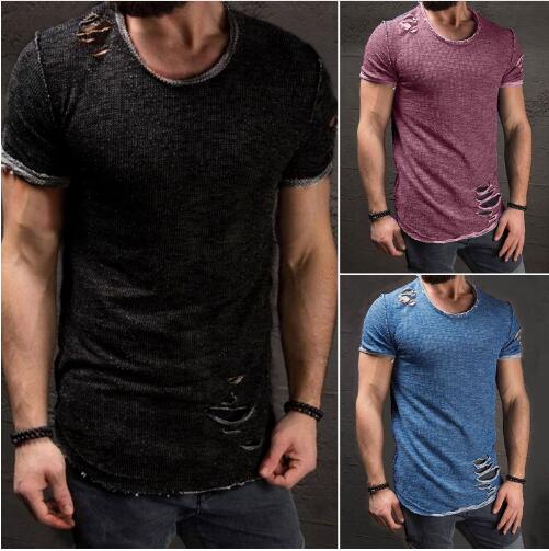 Ripped Men Slim Fit Muscle O-Neck Distressed Tee Hole New Hot Tops Shirt Casual Short Sleeve Frayed T-Shirts Plus Size 4XL1