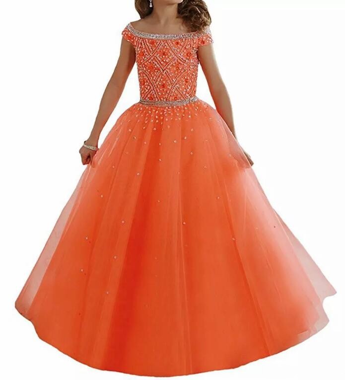 Royal Blue Off Shoulders Tulle Flower Girl Dresses Crystals Beaded Corset Back Floor Length Girls Pageant Gowns Kids Formal Party Wear