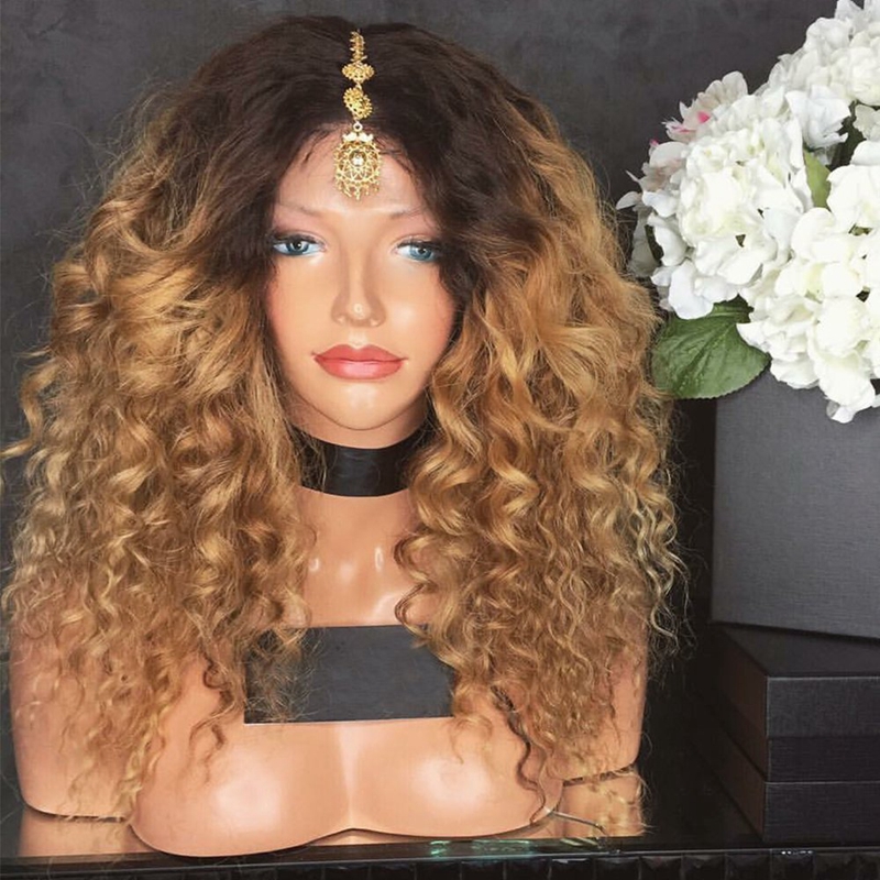 180density full kinky curly synthetic wig heat resistant Ombre Blonde Brazilian full Lace Front Wigs for Women With Baby Hair