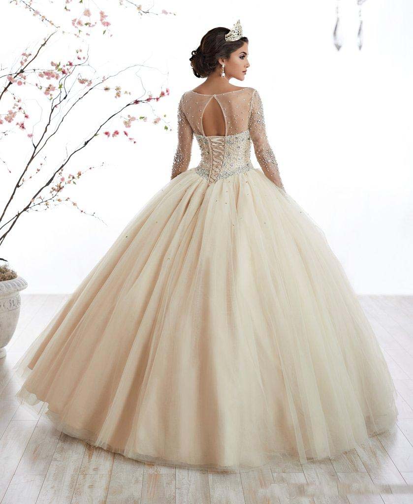 Champagne Long Sleeves Puffy Quinceanera Dresses Floor Length Keyhole Back Princess Prom Dress Gown Pageant Party Gowns