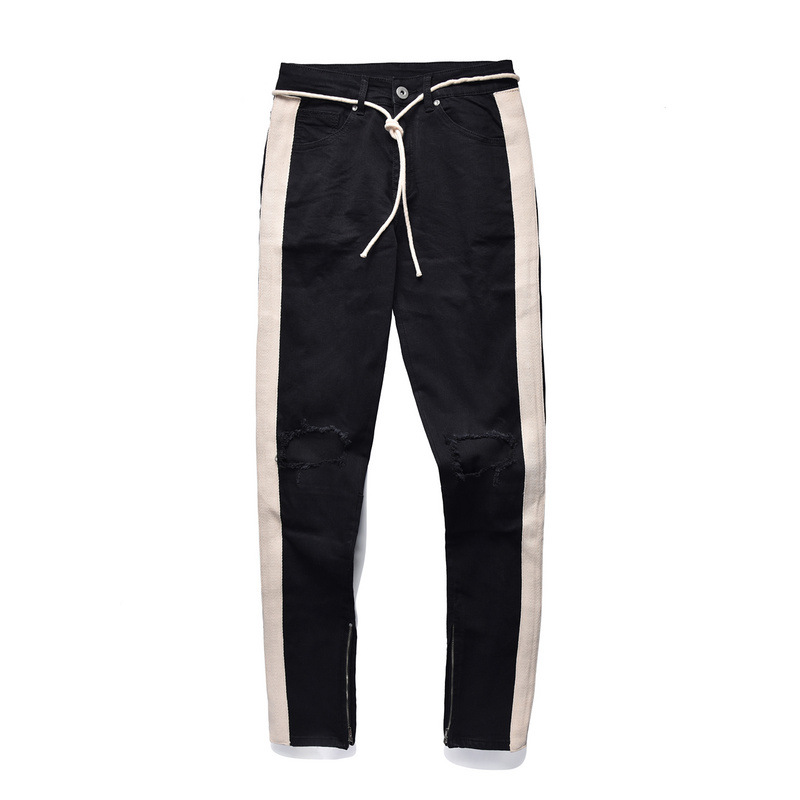 New Mens Hip Hop Ripped Jeans 2018 Destroyed Hole Skinny Biker Jeans White stripe stitching Zipper Decorated Black Light Blue Denim Pants