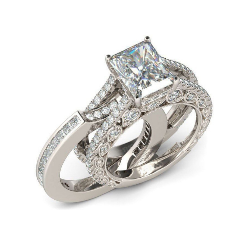 Sterg Sier Wedding Rings for Women: Vintage Topaz CZ Dia Gemstone Bridal Ring Set