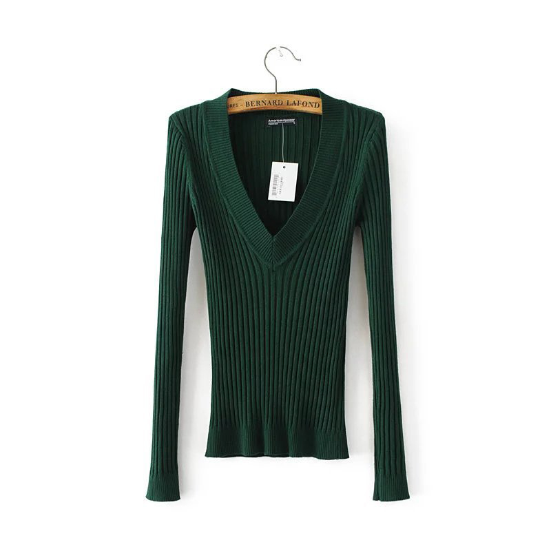 2017 New Spring Deep V Forest Green Pullovers Woman Stretch Knitted Sweater Women Elastic All Match Size Jumper Basic Tops C3554