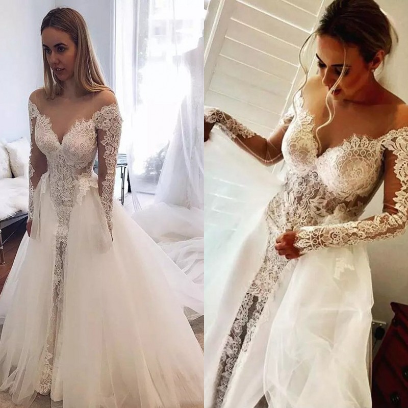Modest 2017 Lace Long Sleeve Sheer Off Shoulder Mermaid Wedding Dresses With Tulle Detachable Skirt Long Bridal Gowns Custom Made EN12159, Champagne
Modest 2017 Lace Long Sleeve Sheer Off Shoulder Mermaid Wedding Dresses With Tulle Detachable Skirt Long Bridal Gowns Custom Made EN12159, Champagne