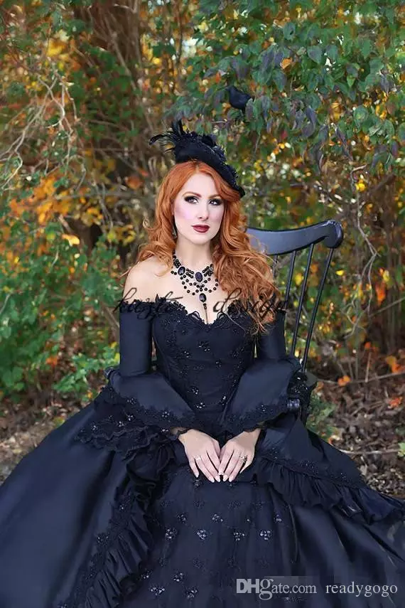 Victorian Vintage Black Dresses With Long Sleeve Retro Plus Size Off Shoulder Gothic Corset Lace Up Wedding Bridal Gown 6660311