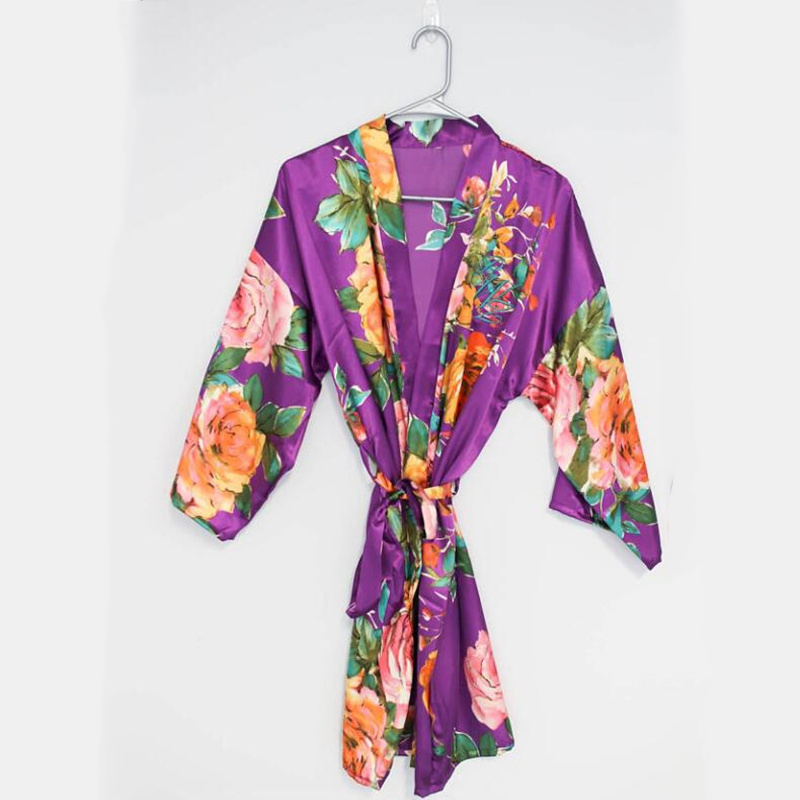 Fashion Silk Satin Short Kimono Robe Wedding Bride Bridesmaid Night Robe Floral Bathrobe Female Dressing Gown For Women