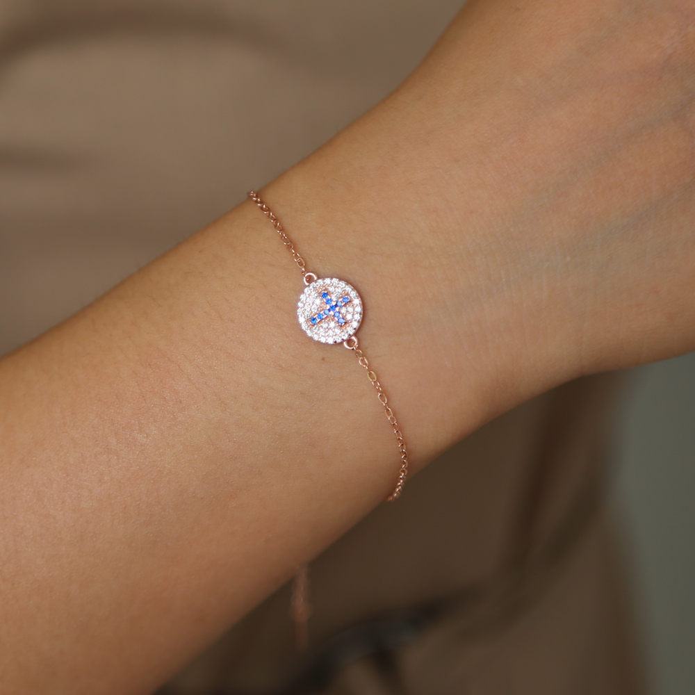 100% 925 sterling silver minimal jewelry blue cross engraved round disco disk charm simple cz paved silver bracelet necklace set