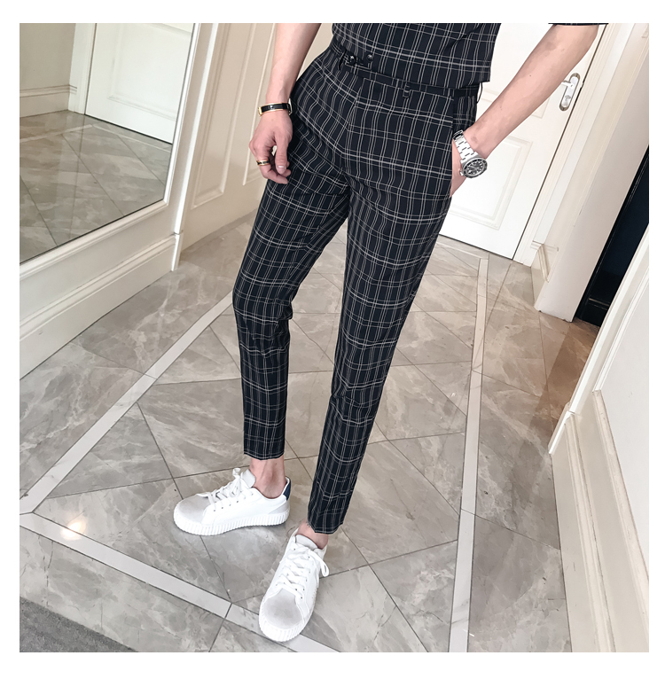 2pcs Vintage Plaid Office Men Set Slim Fit Mens Summer Shirts Heren Kleding Ankle Length Men Slim Fit Plaid Pants Moda Hombre