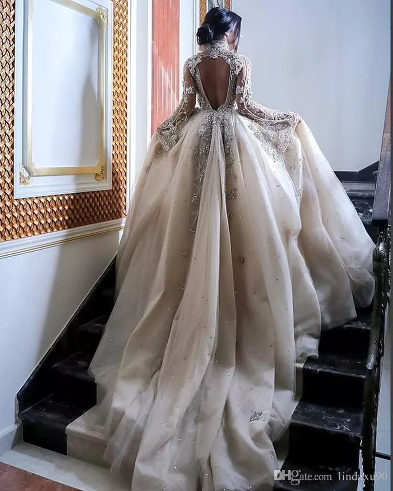 Dubai Arabic High Neck Dresses Lace Beaded Rhinstones Hollow Back A e Country Bridal Gowns Long Sleeve Wedding Dress