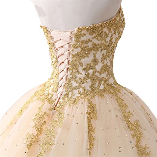 2021 Stock Gold Appliques Ball Gown Quinceanera Dress Sparkle Crystal Tulle Floor-length Sweet 16 Debutante Prom Party QC1122