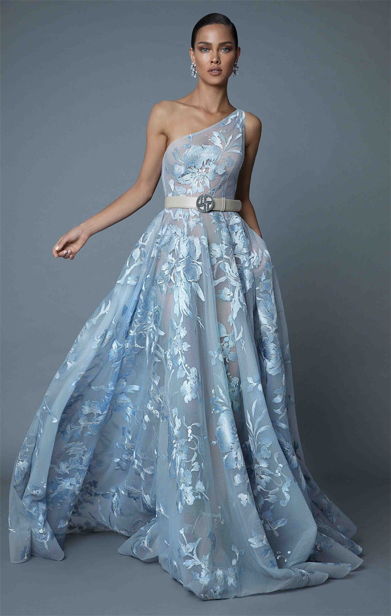 berta one shoulder prom dresses light blue lace appliqued a line formal evening gowns sweep train design pageant red carpet dress