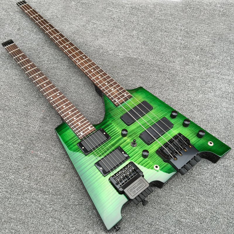 Green Dark Flame Maple Top Headless Double Neck Electric Bass Guitar 6 Strings + 4 Strings, Black Hardware, Tremolo Bridge