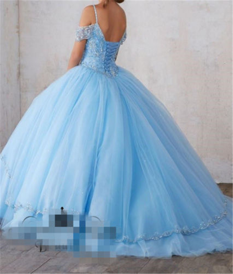 2019 New Blue Puffy Ball Gown Quinceanera Dresses Crystals For 15 Years Sweet 16 Plus Size Pageant Prom Party Gown QC1061