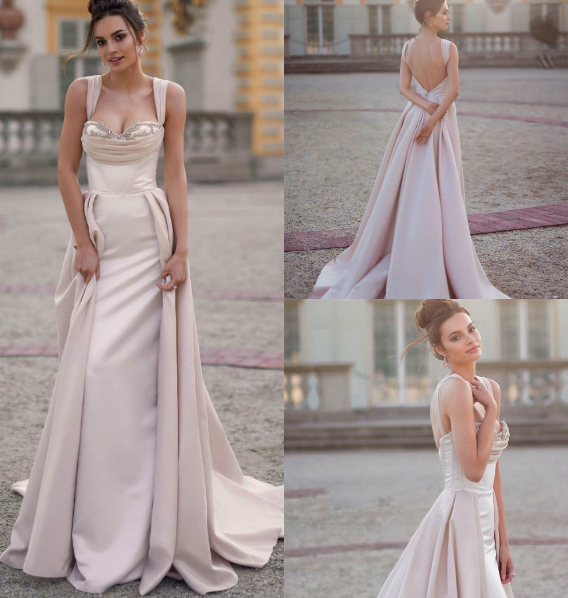 Glamorous Mermaid Dresses Spaghetti Beads Crystal Sexy Backless Overskirt Satin Beach Wedding Dress Custom Made Engagement Gowns