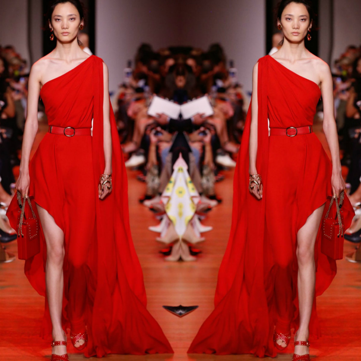 Red One Shoulder Prom Dresses Elie Saab 2019 Pleats Side Split Long Evening Dress With Wraps Customized Formal Party Gowns Cheap