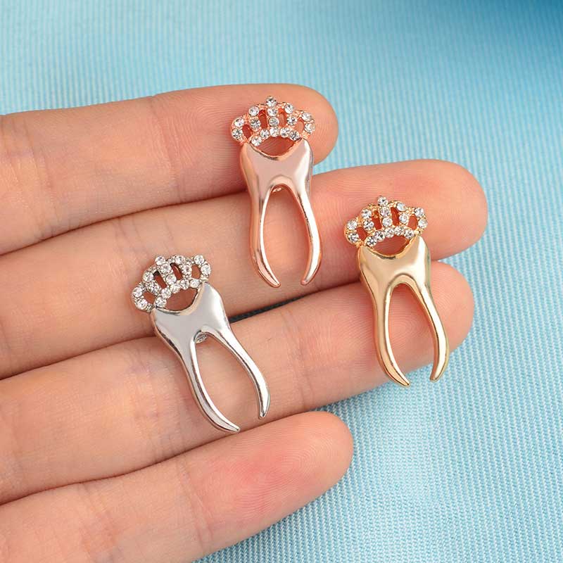 Gold Silver Rose Tooth Brooch Pin With Crystal Crown Dentist Doctor Nurse Graduation Gift Student Badage Lapel Pin Fashion Breastpin