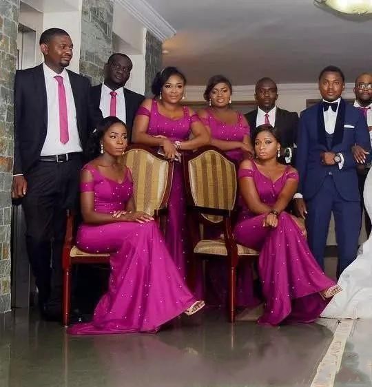 Fuchsia African Nigerian Mermaid Bridesmaid Dresses Spaghetti Pearls Beaded Short Sleeves Sweep Train Maid Of Honor Dress Cheap Formal Gowns