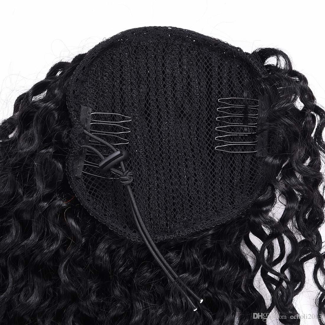 Women's Color1 Long sprial curly Human Hair Ponytail with Clip Hair Extension 160g ,Cheap Styling Natural Drawstring Pony Tail Hairpiece
