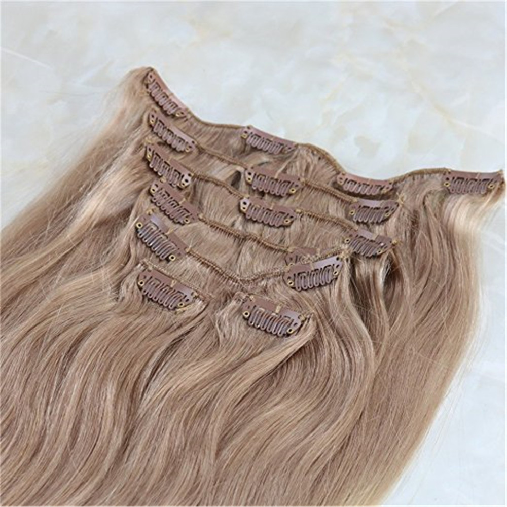 Remy Human Hair Clip in Weft Hair Extensions #18 Ash Blonde to #613 Blonde Ombre Clip on Extensions 7Pcs 120g