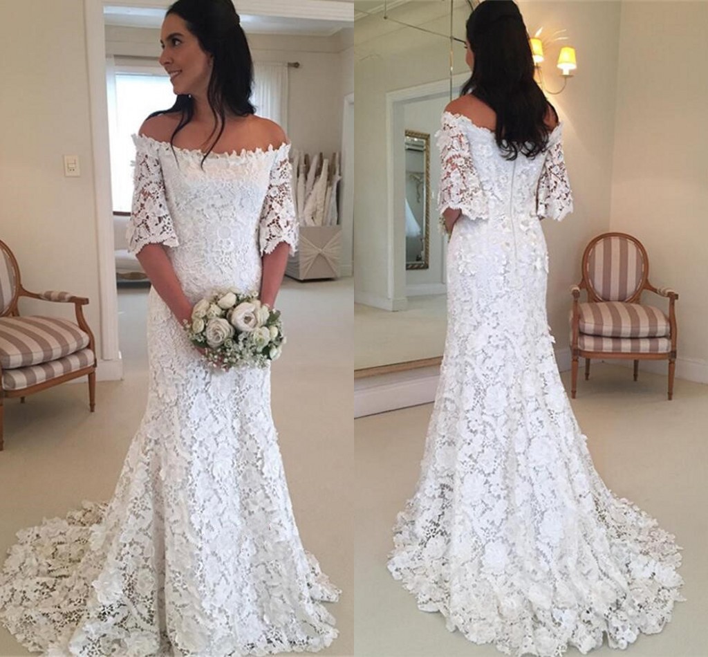 Romantic Lace Mermaid Wedding Dress Cheap Off shoulder with Illusion Half Sleeves Cheap Wedding Gowns Plus size Custom Made For Bride, Silver