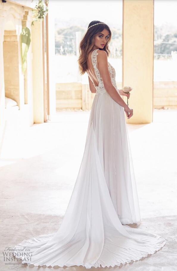 Vintage Bohemian Wedding Dresses V Necl Lace Appliques Chiffon Boho Bridal Gowns Backless Illusion Plus Size Beach Wedding Dress Customized