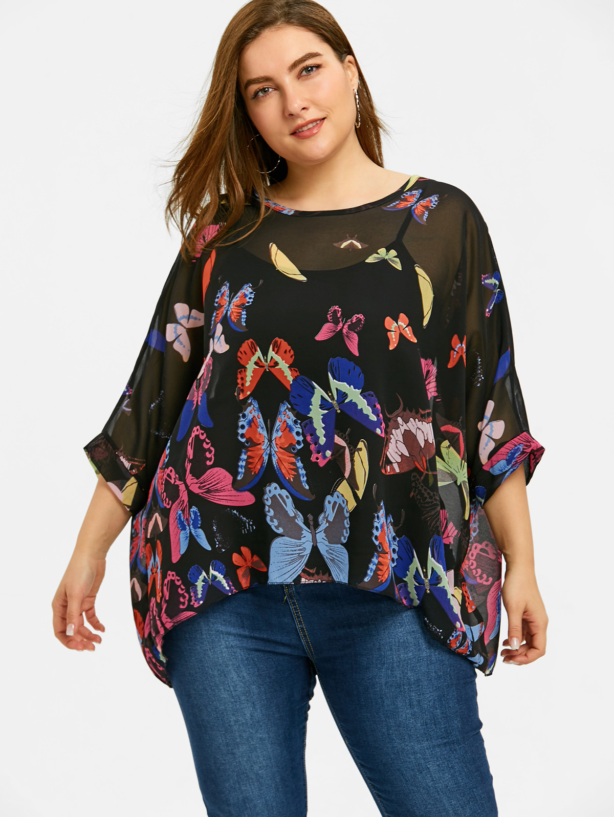 Gamiss Women Butterfly Print Plus Size Chiffon Blouse Casual Batwing Sleeve Long Blouses Shirts 2018 Fashion Tops Blusas 5XL
