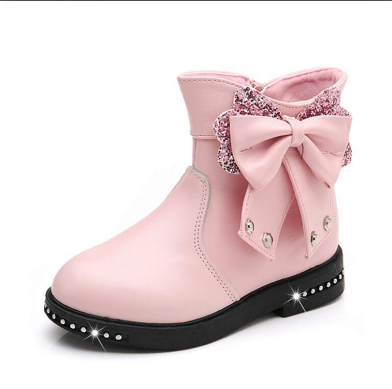 Girls Boots Autumn PU Leather Rubber Boot Fashion Round Toe Zip Bow Tie Princess Shoe Children Kids Winter Rubber Boot Shoes For Girl