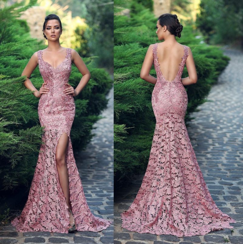 Fabulous Mermaid Lace Backless Evening Dresses Sweetheart Neck Side Split Formal Dress Floor Length Custom Made Prom Gowns