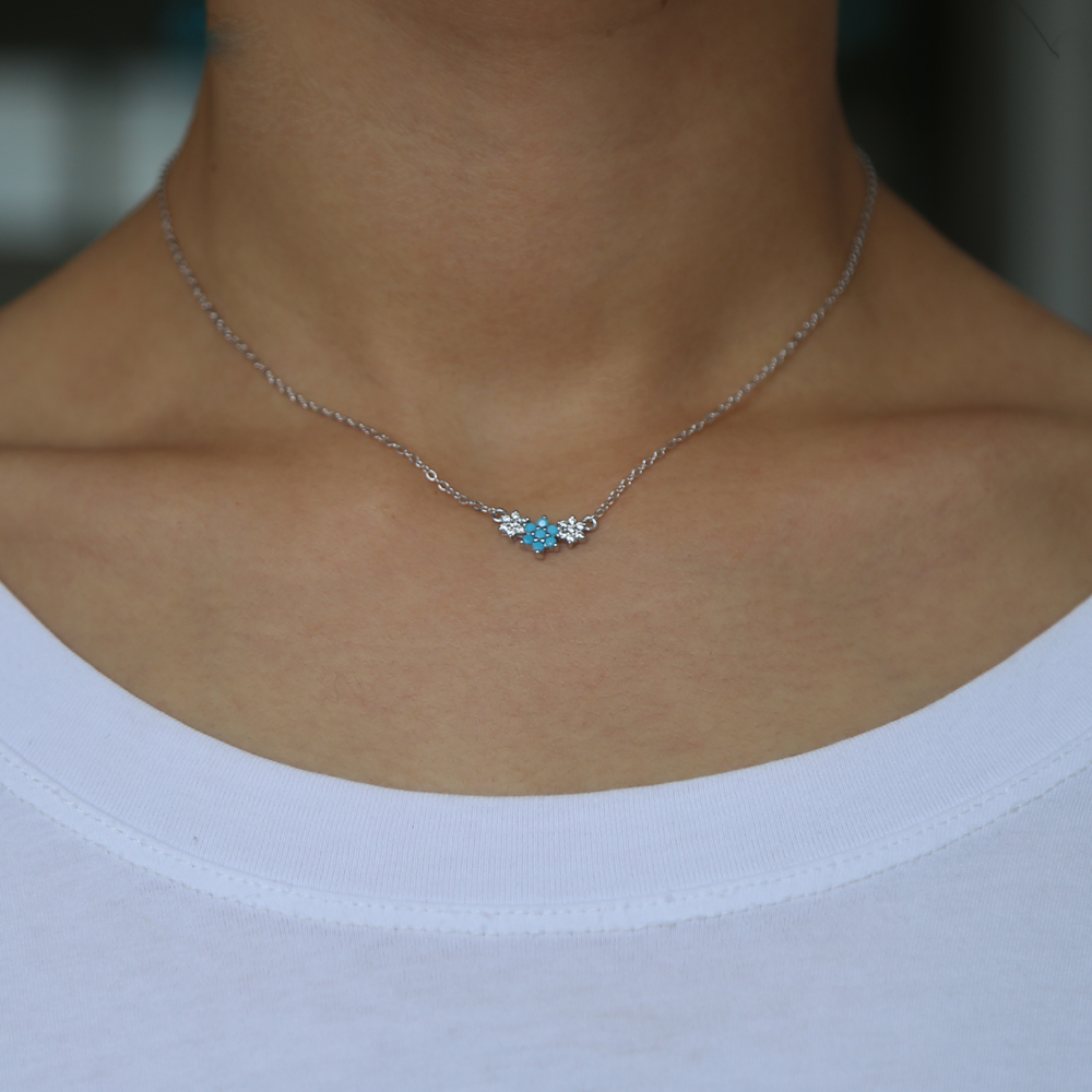 white cz blue turquoise gemstone elegance three flower necklace lovelly 925 sterling silver jewelry minimal dainty silver new jewelry