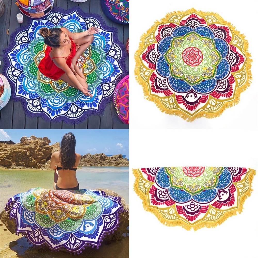 147147CM Round Yoga Mat Towel Tapestry Tassel Decor With Flowers Pattern Circular Tablecloth Beach Picnic Mat