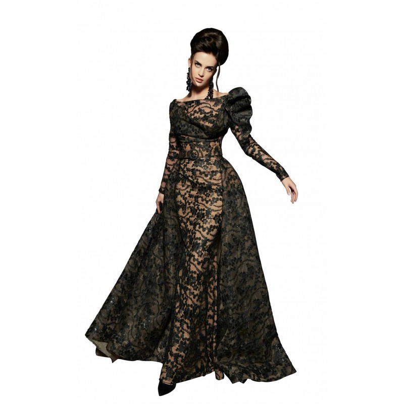 MNM Couture Mermaid Prom Dresses With Detachable Train Black Lace Applique Sweep Train Beaded Formal Dress Party Long Sleeve Evening Gowns
