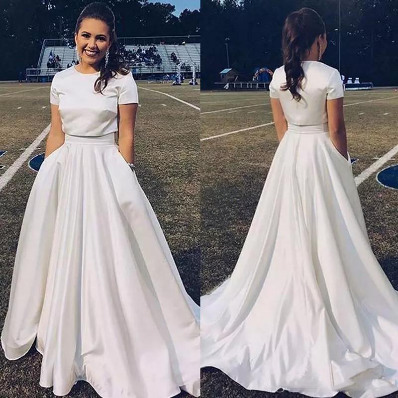 Two Pieces Long Prom Dresses with Short Sleeves Satin Sweep Train Formal Evening Party Gowns Cheap Prom Dress