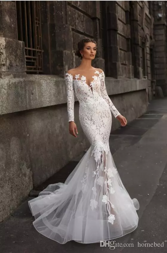 Modest Mermaid Wedding Dresses With Long Sleeve Sheer Jewel Neck Lace Appliques Sweep Train Beach Wedding Dress Plus Size Vestido De Novia