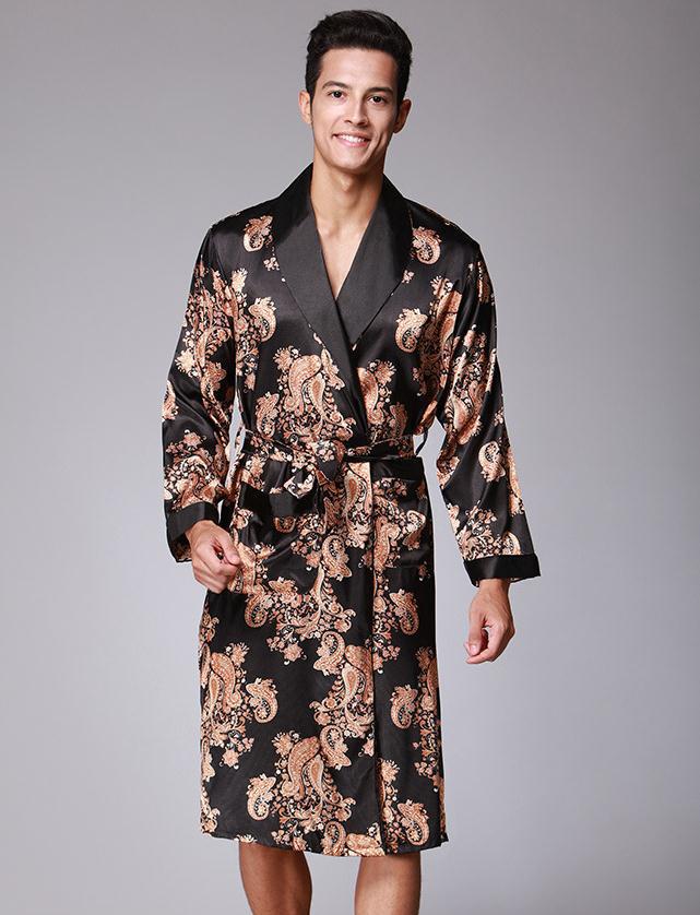 Men Robe 2018 Spring New Kimono Bathrobe Gown Faux Silk Robes Long Sleeve Home Clothes Male Sleewear Bath Geisha L XL XXL