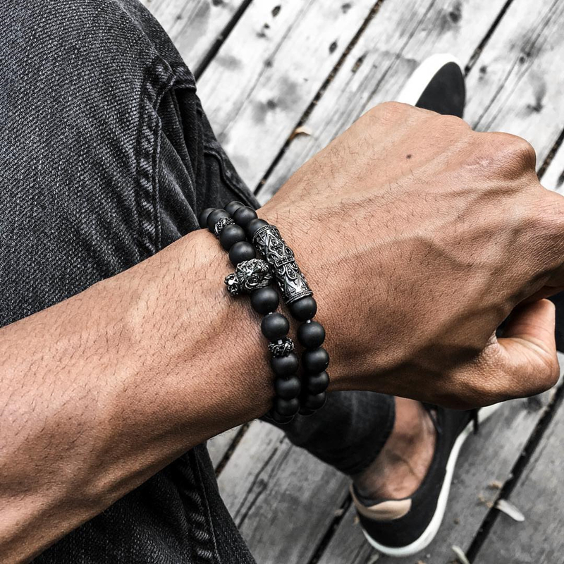 2pcs/set Fashion men's Bracelet 8MM Natural stone charm Lion Titanium steel anchor tube Holiday gift jewelry Valentine's Day Christmas