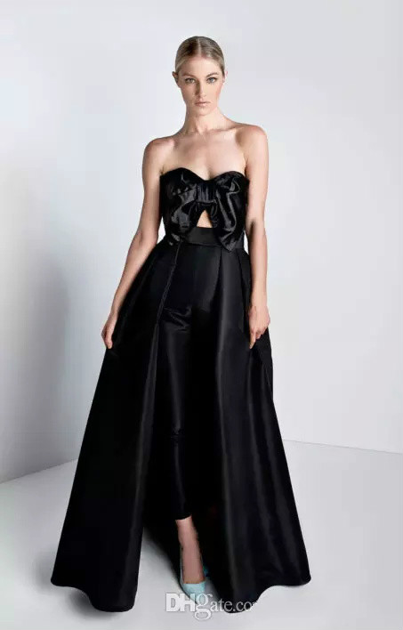 Black Jumpsuits Prom Dresses With Detachable Train Bow Strapless Neck Formal Dress Evening Gowns Satin Overskirt Women Pantsuits