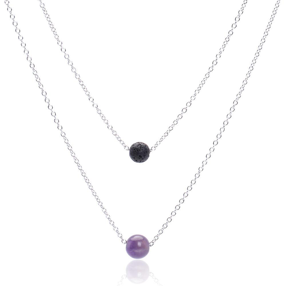 New 8mm Lava Rock and 10mm 7 color Chakra Stone pendant Multi-layered necklaces Silver Stainless steel chain For women Fashion Jewelry