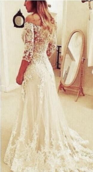 Off The Arabic Shoulder Lace A Line Wedding Dresses Tulle With Half Sleeves Appliques Button Back Sweep Train Plus Size Bride Gowns Ppliques