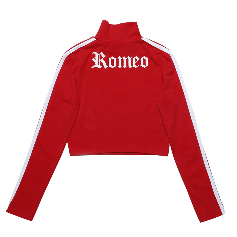 Jo Kalin 2018 New Fashion Side Stripped Red Female T-shirt Long Sleeve Letter Printed harajuku fitness t shirt Women Crop Top