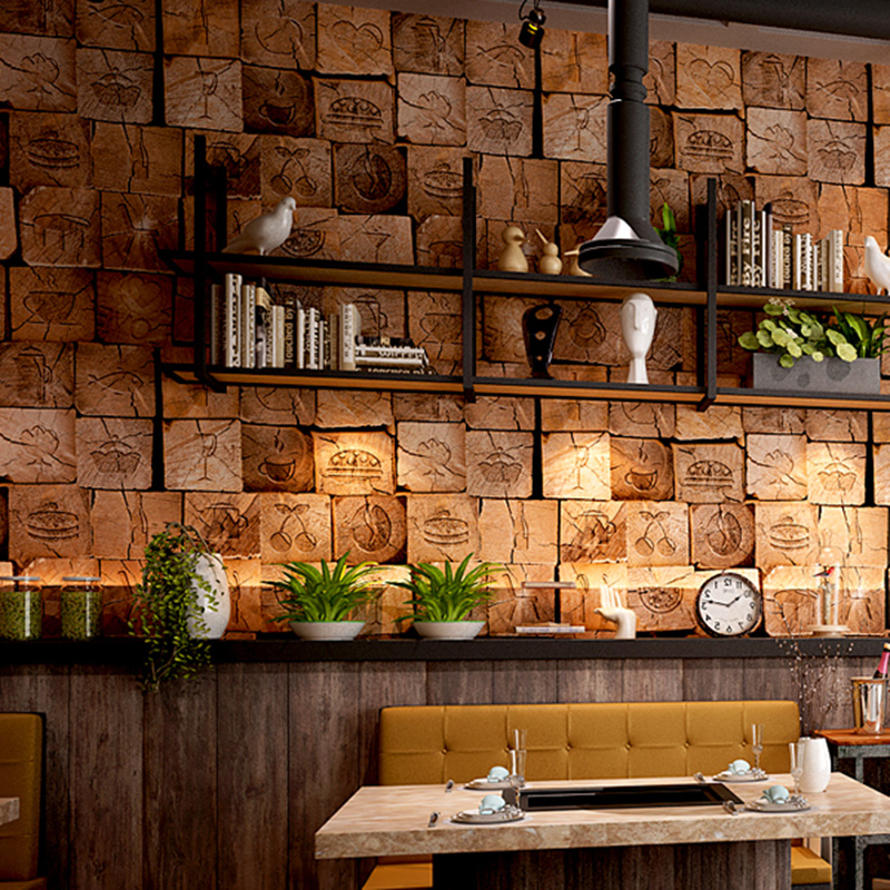 3D Stereo Embossed Wood Fiber Personality Wallpaper Retro Cafe Restaurant Kitchen Creative Waterproof Thickened Wallpaper