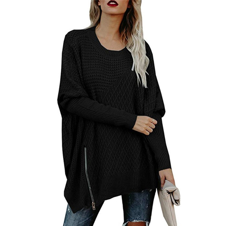 European fashion solid color sexy zipper bat sleeve off-shoulder sweater S M L XL support mixed batch