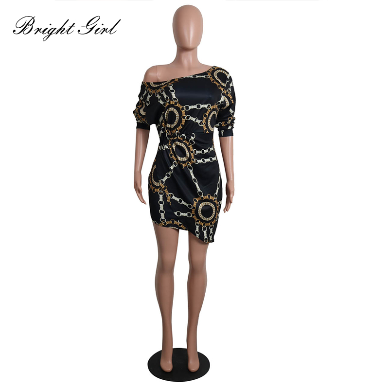BRIGHT GIRL Women Sexy Dress Summer Causal Dresses For Ladies Chain Print Slash Neck Dress Mini Party Vestidos Female Clothes