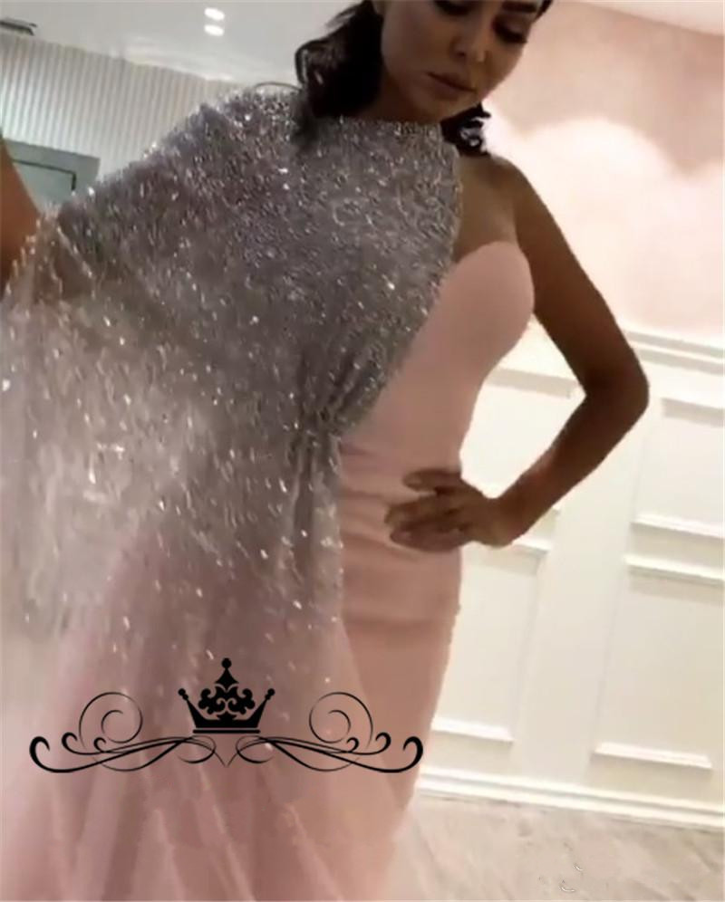 Yousef Aljasmi One Shoulder Mermaid Evening Dresses Cape Long Customized Arabic Dubai Beaded Sequined Pink Satin Tulle Formal Prom Gowns