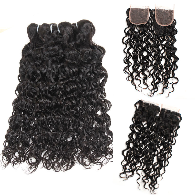 

Peruvian Water Wave Bundles with Lace Closure Unprocessed Virgin Human Hair Weave Weft with Lace Closure Free Middle 3 Part Double Weft, Natural color